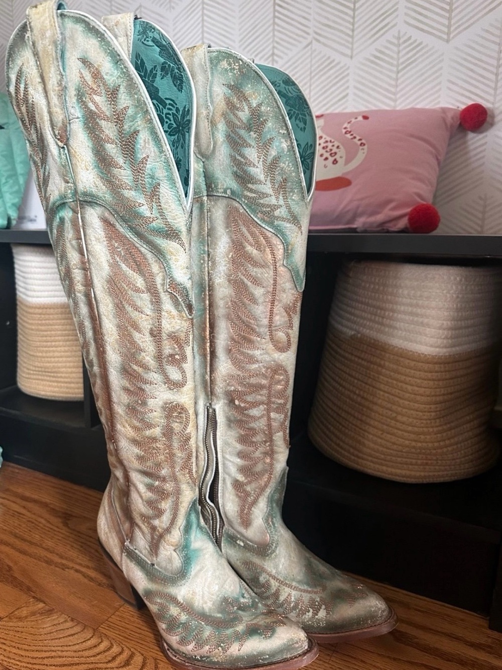 Corral Tall Embroidered Boots in Light Blue and Tan - Picture 3 of 7